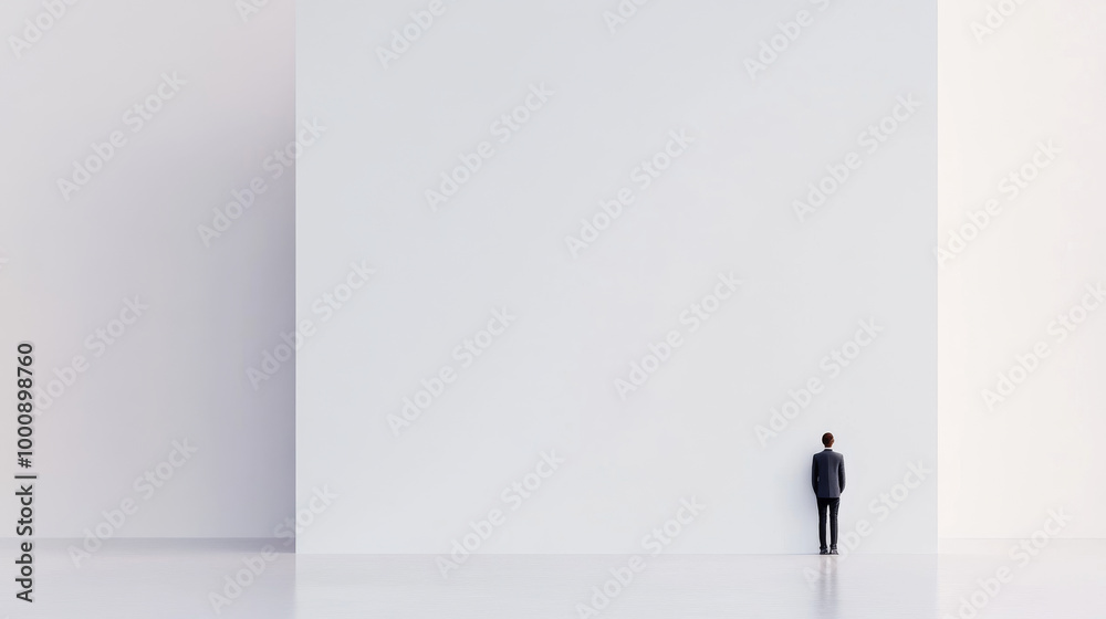 Obraz premium A solitary figure stands against vast, empty wall, evoking feelings of isolation and contemplation in minimalist space. simplicity of scene emphasizes enormity of surroundings
