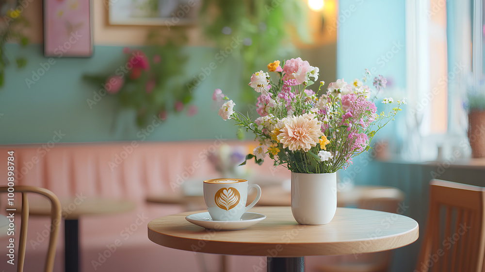 Trendy spring café with fresh floral decorations and artisanal coffee in stylish mugs under soft sunlight
Trendy spring café with fresh floral decorations and artisanal coffee in stylish mugs under soft sunlight