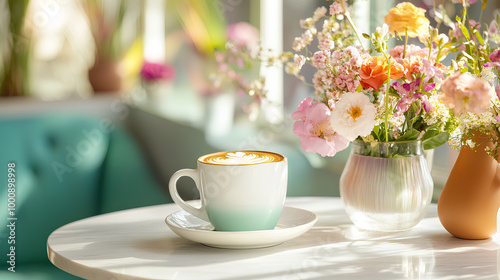 Trendy spring café with fresh floral decorations and artisanal coffee in stylish mugs under soft sunlight 