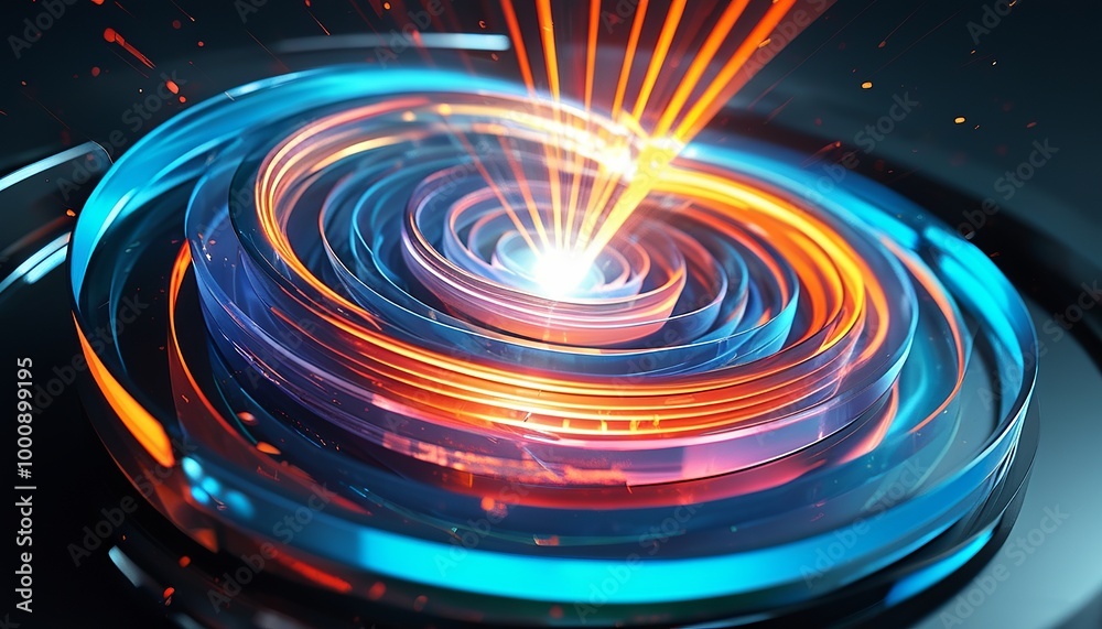 3D Abstract layered transparent disks, each one spinning at different speeds, radiating light from their centers. Made with Generative AI Technology 3D Abstract layered transparent disks, each one spinning at different speeds, radiating light from their centers. Made with Generative AI Technology