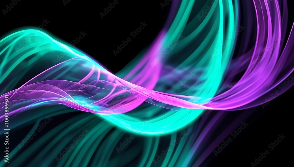Naklejka premium 3D Abstract looping strands of violet and emerald light, coiling and dancing through a black void, casting a soft glow. Made with generative AI technology