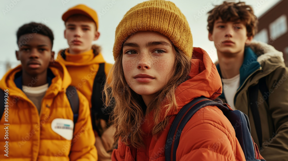 Obraz premium A group of young people wearing colorful winter jackets and hats, showcasing stylish outdoor look. Their expressions reflect sense of camaraderie and adventure