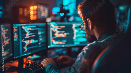 A focused programmer works intently at multiple computer screens, immersed in coding and data analysis. vibrant glow of screens creates dynamic atmosphere, highlighting tech driven environment