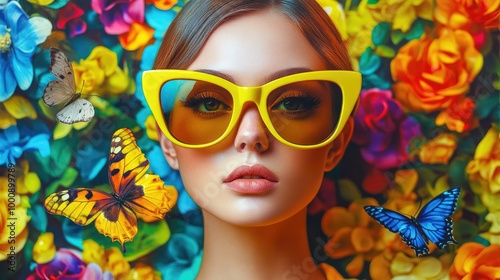Wallpaper Mural Woman wearing yellow sunglasses and holding butterfly Torontodigital.ca