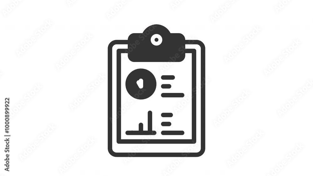 Animated report with organized chart, checklist, clock icon on a clipboard. Blue circle, lines for professional presentation or productivity concept. Time management
