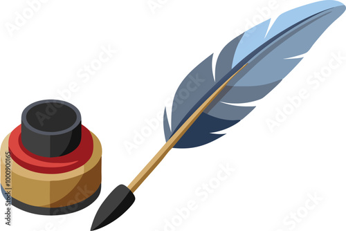 A feather quill and ink bottle symbolizing writing, creativity, and classic literature