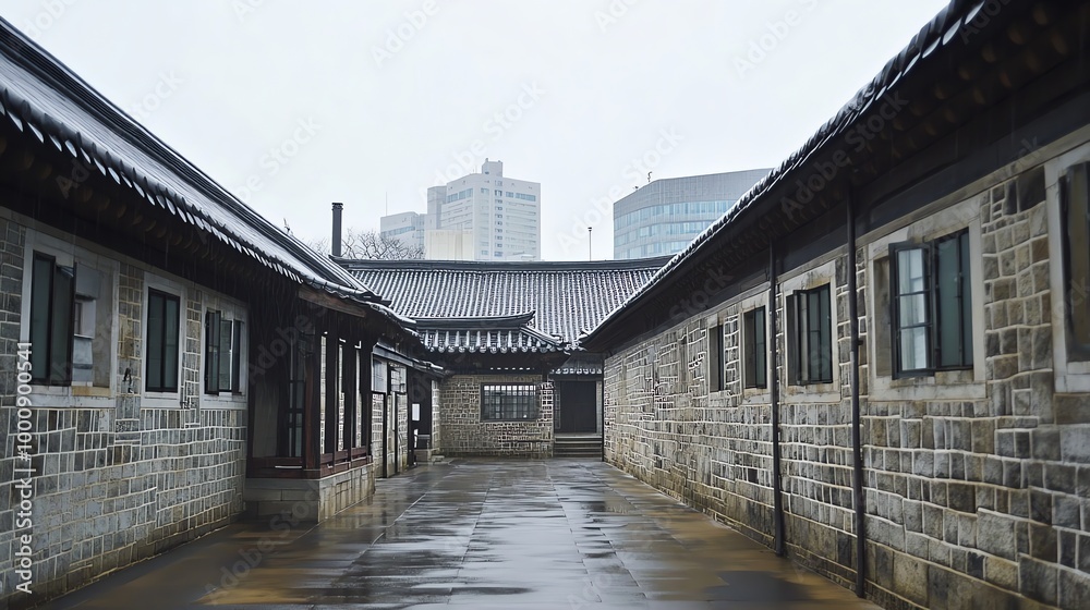 Naklejka premium An empty courtyard with two buildings on either side and modern buildings in the distance.