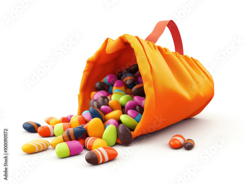 A vibrant orange bag spills colorful candies, creating a playful and cheerful scene that evokes joy and sweetness. photo