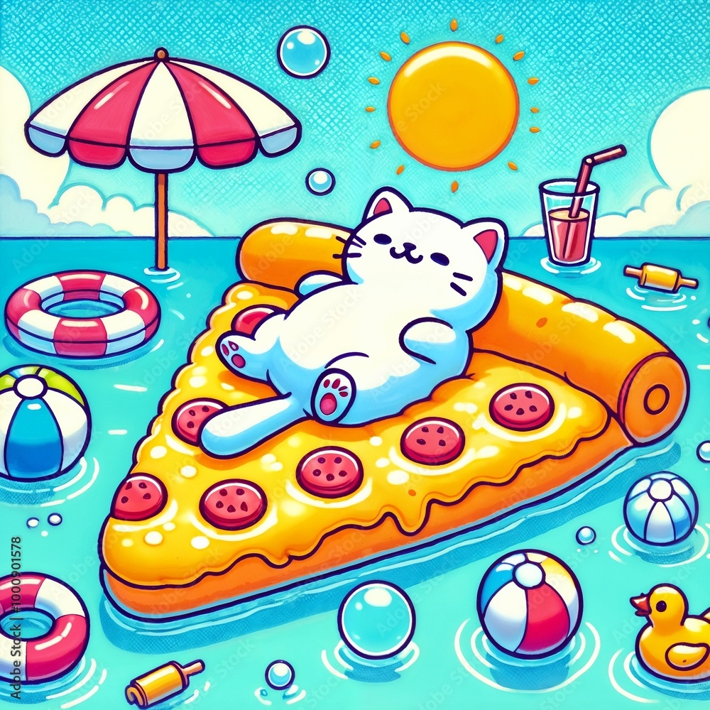 Relaxing Cartoon Cat Lounging on a Pizza Float in a Sunny Pool Relaxing Cartoon Cat Lounging on a Pizza Float in a Sunny Pool