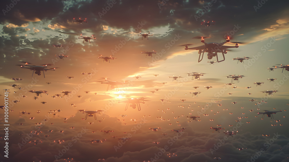 Fototapeta premium A small drone flying in the sky, surveillance, espionage. Neural network AI generated art