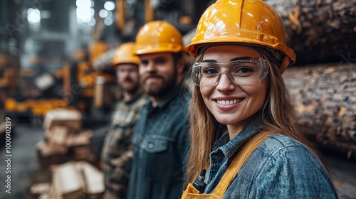 A group of helmeted workers stands in front of advanced machines cutting trees in a wood processing factory, emphasizing precision, safety, and teamwork.