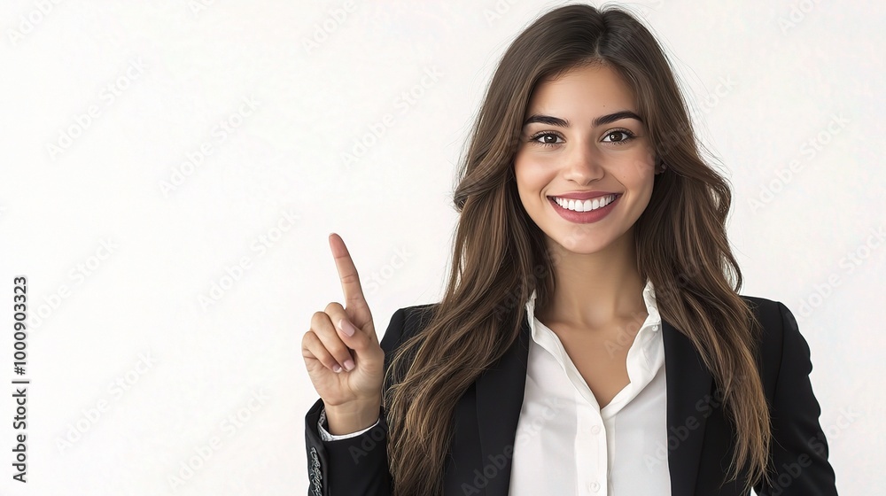 Confident Businesswoman Raising Finger with Smile Confident Businesswoman Raising Finger with Smile