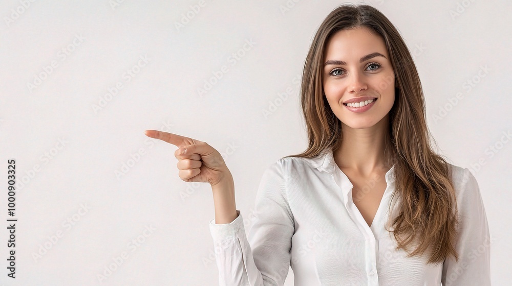 Smiling Woman Pointing with Joyful Expression Smiling Woman Pointing with Joyful Expression