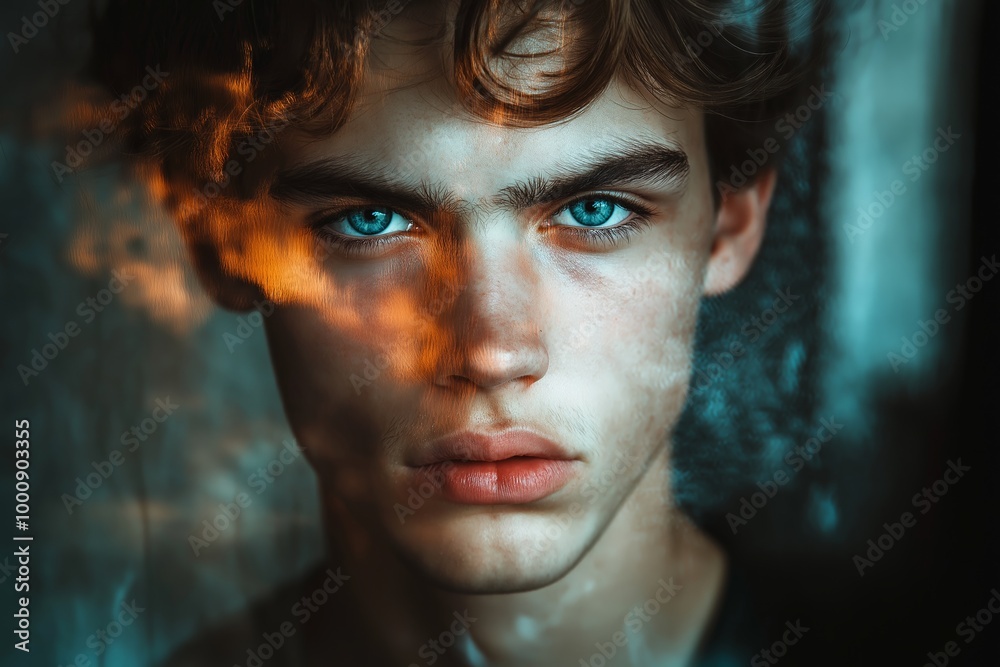 Man with blue eyes and a beard. He is wearing a black shirt. Shirt is visible in the background. Portrait of a paranoid schizophrenic young male teen with bipolar mental disorders, split personality Man with blue eyes and a beard. He is wearing a black shirt. Shirt is visible in the background. Portrait of a paranoid schizophrenic young male teen with bipolar mental disorders, split personality