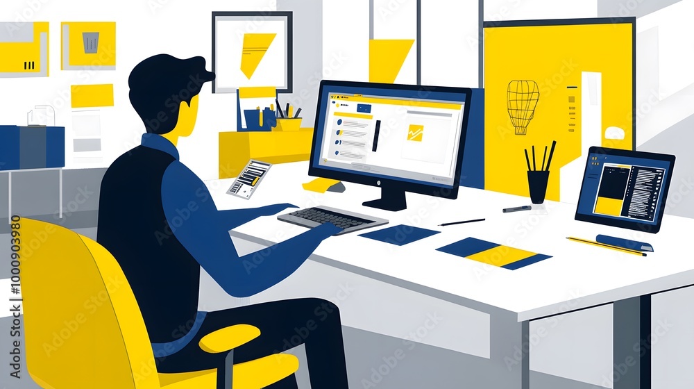 An icon of an employee sitting at their desk, using graphic design software on the computer to create flat illustrations in blue and yellow tones An icon of an employee sitting at their desk, using graphic design software on the computer to create flat illustrations in blue and yellow tones