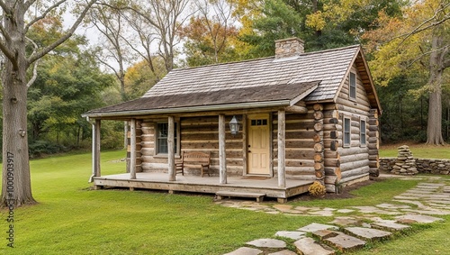 Rustic, single-story log cabin situated in a serene, wooded area. The cabin is constructed from weathered wooden logs, with a shingled roof and a small porch. 