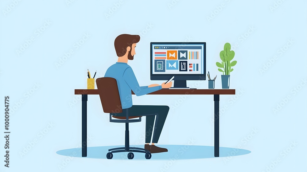An icon of an employee sitting at their desk, using graphic design software on the computer to create flat illustrations in blue and yellow tones
