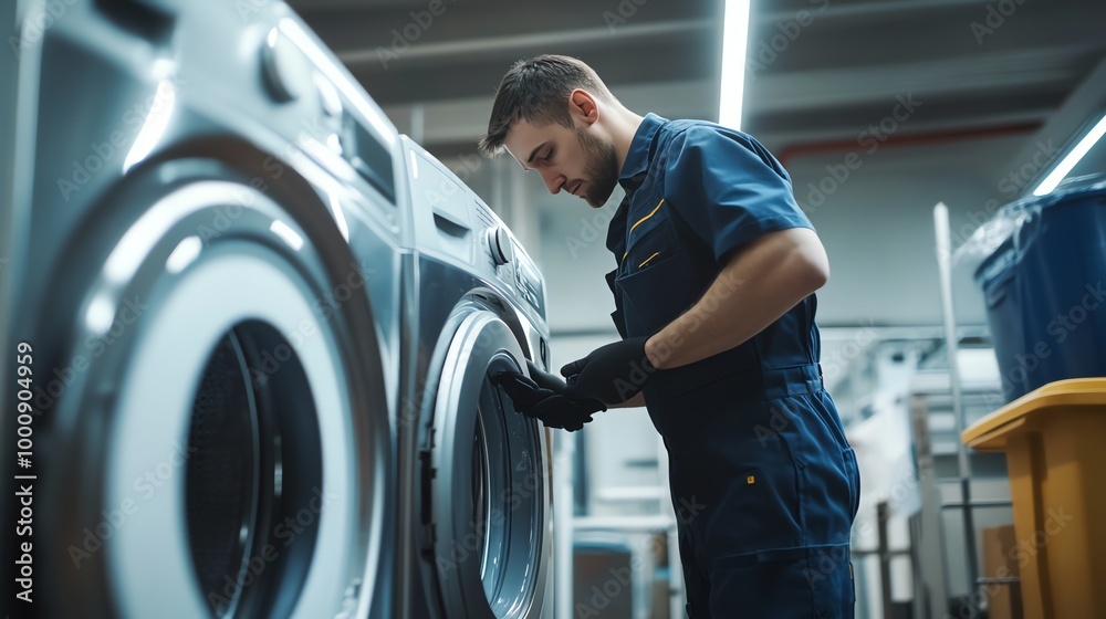 A man in blue overalls fixes a washing machine. A man in blue overalls fixes a washing machine.