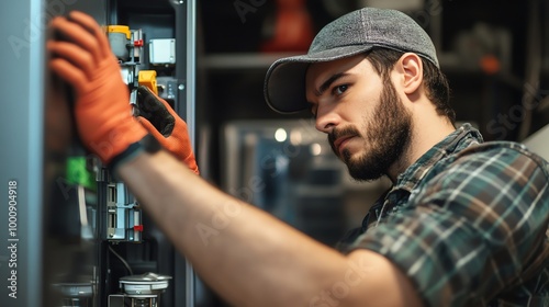 A man in a plaid shirt and baseball cap works on an electrical panel.