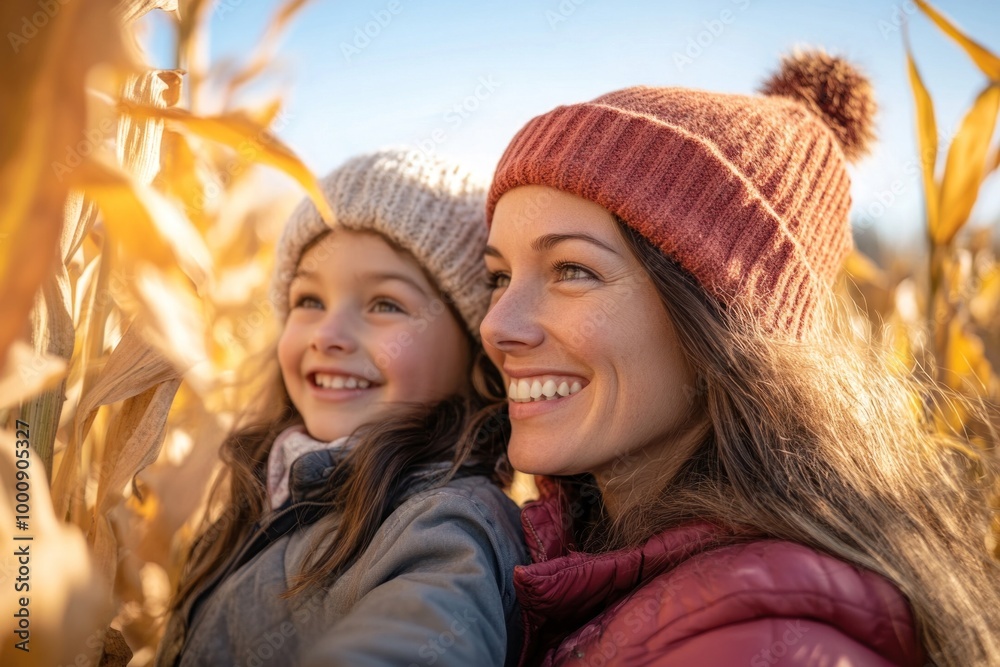 Happy mother and daughter smiling and having fun in cornfield Happy mother and daughter smiling and having fun in cornfield