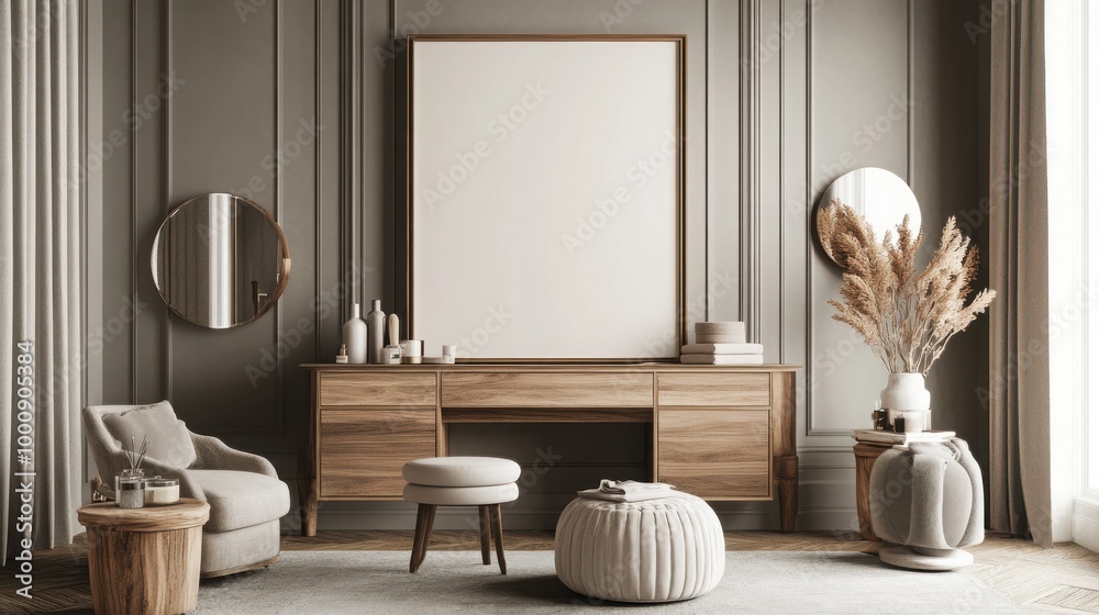 Mock up frame in a luxurious dressing area with polished wooden furniture and neutral accents, 3D render Mock up frame in a luxurious dressing area with polished wooden furniture and neutral accents, 3D render