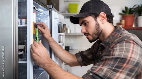 A man in a plaid shirt and a baseball cap fixes a refrigerator.