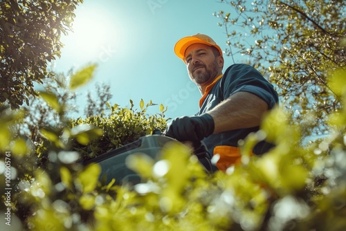 Gardener pushing wheelbarrow full of plants in sunny garden