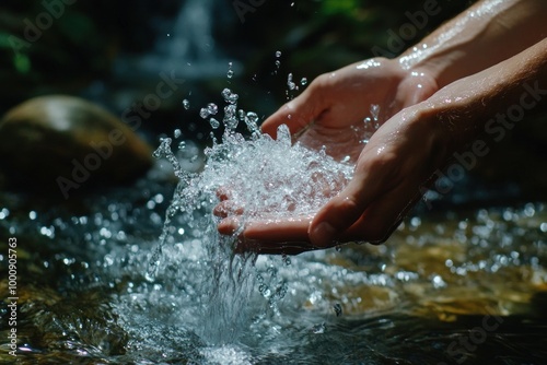 Man cupping hands catching flowing clean water from mountain spring