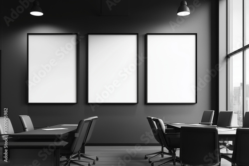 Three white mockup posters on the wall in office, black background. AI generation