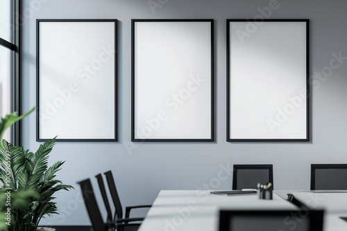 Three white mockup posters on the wall in office, white background. AI generation photo