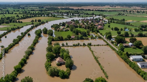 An aerial shot of a rural area affected by flooding, with vast fields underwater and only rooftops visible above the water level 