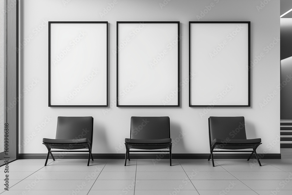 Three white mockup posters on the wall in office, white background. AI generation Three white mockup posters on the wall in office, white background. AI generation