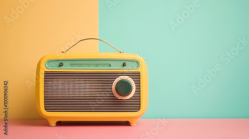 A vintage radio on a yellow and green background.