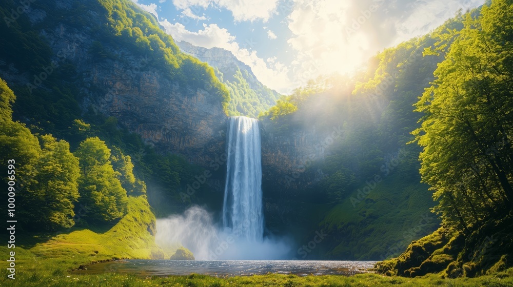 Fototapeta premium Majestic Waterfall Cascading from Mountain Landscape