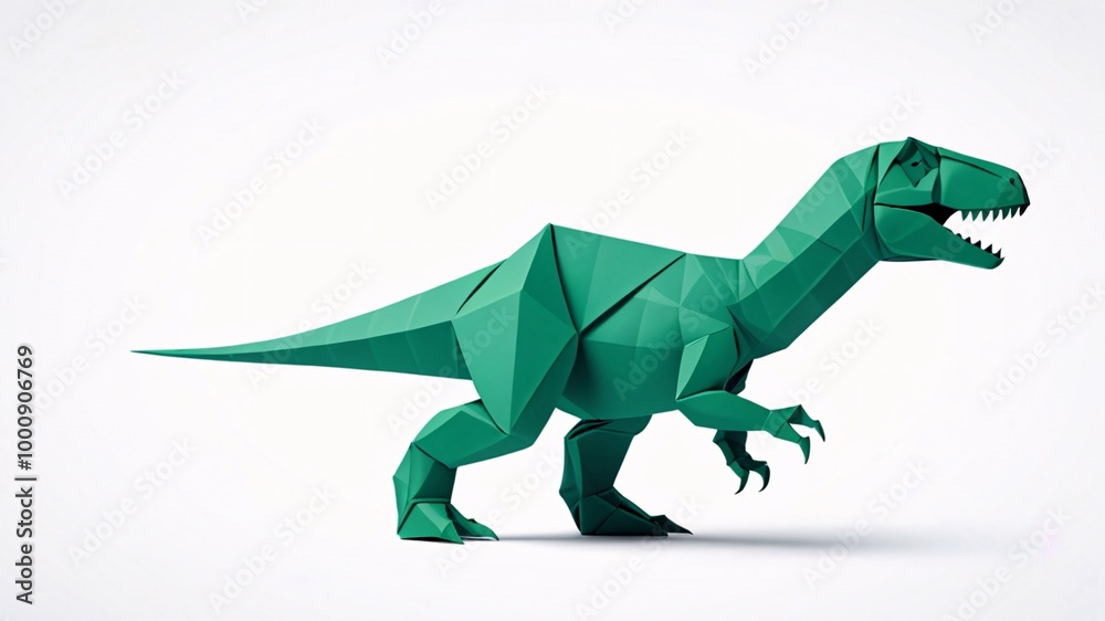 Fototapeta premium Green origami dinosaur on white background.