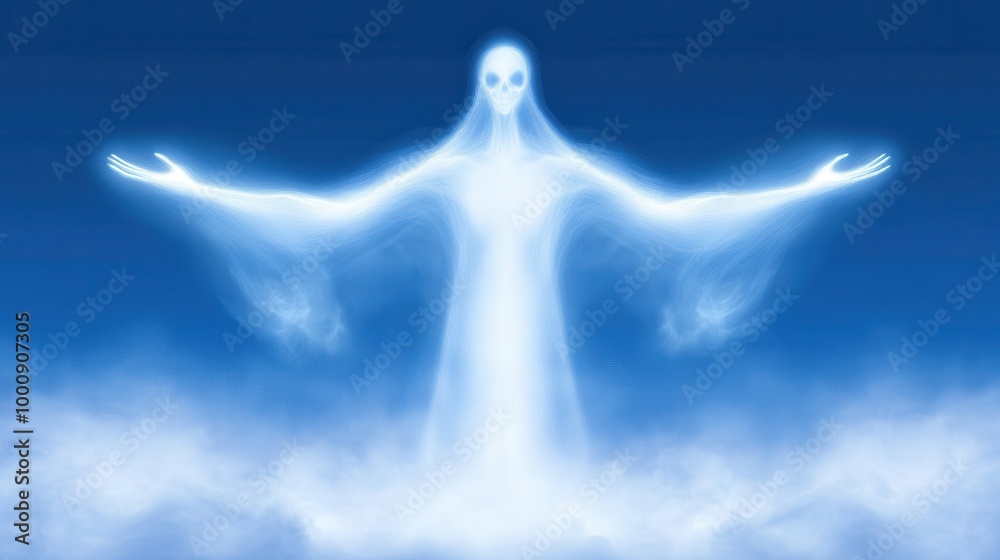 Obraz premium Ethereal figure emerges from clouds, radiating a serene and mystical presence against a blue backdrop.
