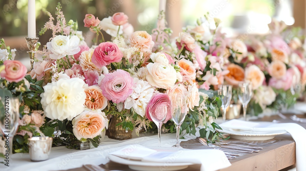 A wedding table set with flowers and crystal glasses. A wedding table set with flowers and crystal glasses.
