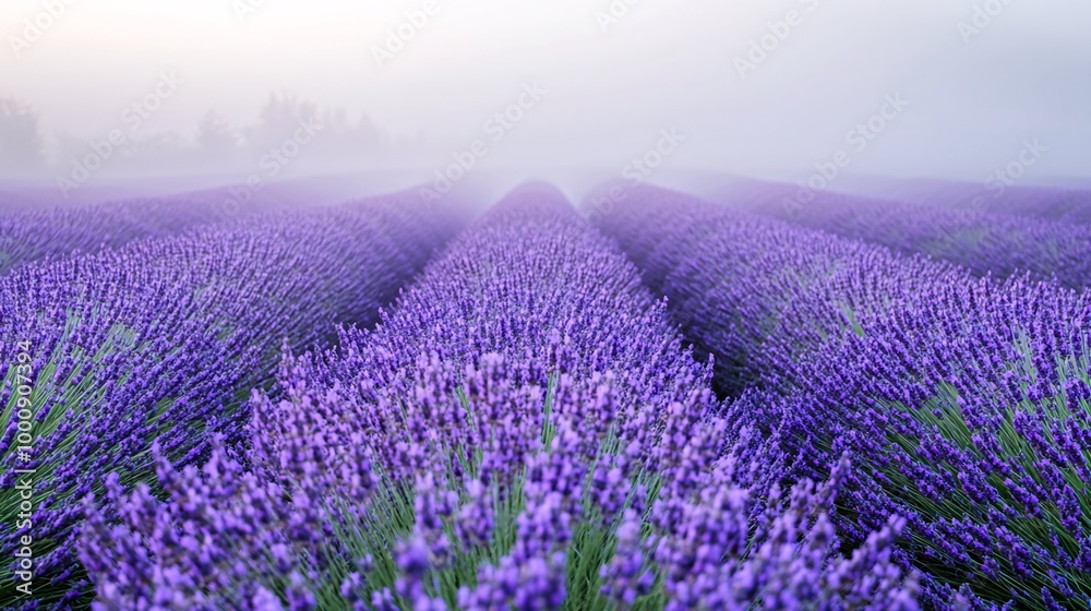 Obraz premium A vast field of lavender blooms stretching out into a misty morning.