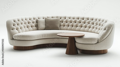A light-colored curved sofa paired with a round wooden coffee table sits alongside a striking black background, showcasing modern design and elegance in an inviting space.