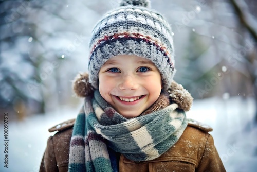 Adorable Boy Smiling in Winter Wonderland