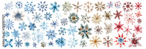 Set of isolated cute snowflakes in vivid hand painted watercolor painting on a transparent background for ornamental Christmas and New Year celebration party decoration elements.