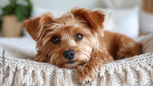 A mini red poodle comfortably lies on a macramé bed, showcasing its soft curls and bright eyes while surrounded by a dark atmosphere.