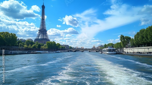 A riverboat cruise on the Seine River in Paris, France, with Notre Dame Cathedral in the background.