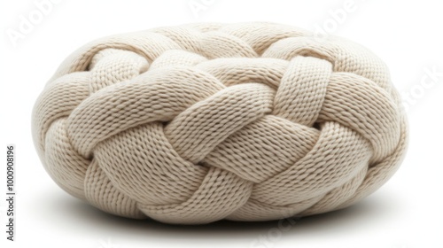 Cream-colored pouf made of large soft yarn set against a white background, perfect for cozy home decor and comfortable seating