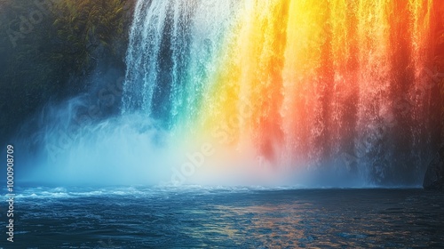 Vibrant Waterfall with Mist and Rainbows