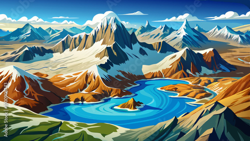 vector Aerial Snowing Mountains Surrounding Laguna, cartoon illustration landscape background