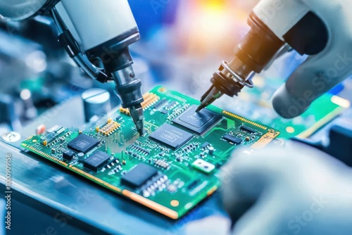 Robots assembling intricate circuit boards in an electronics manufacturing facility, robotic electronics assembly, precision production