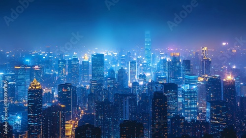 City Skyline at Night with Bright Lights