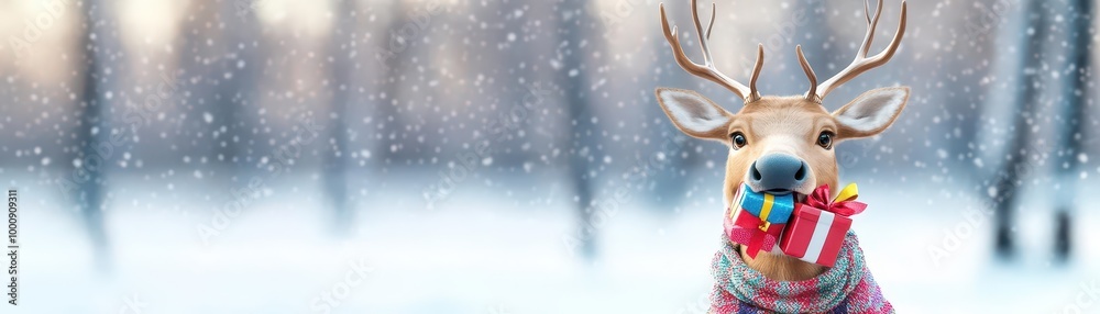 Reindeer wearing a scarf and holding a Christmas gift in its mouth, snowy woods, 3D illustration Reindeer wearing a scarf and holding a Christmas gift in its mouth, snowy woods, 3D illustration