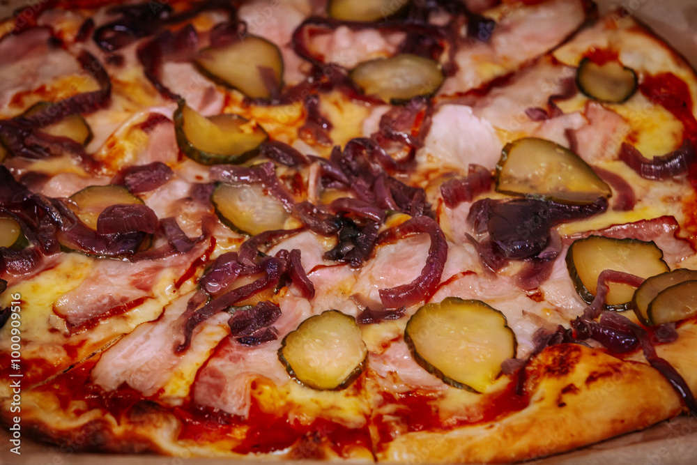 A delicious pizza topped with thin slices of prosciutto, melted cheese, and caramelized onions on a crispy golden crust. The rich colors and textures highlight the mouth-watering ingredients. A delicious pizza topped with thin slices of prosciutto, melted cheese, and caramelized onions on a crispy golden crust. The rich colors and textures highlight the mouth-watering ingredients.